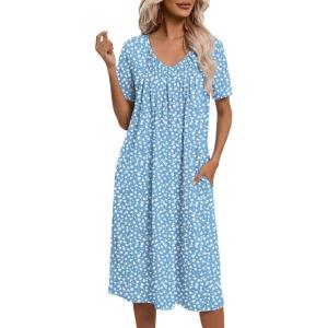 Ekouaer Nightgowns for Women with Pockets House Dress Pleated Night Gowns Short Sleeve Lounge Dress Floral Mumu Dress S-3XL(Flower Blue)
