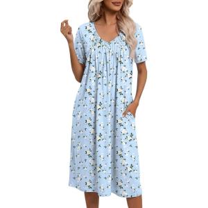 Ekouaer Nightgowns for Women with Pockets House Dress Pleated Night Gowns Short Sleeve Lounge Dress Floral Mumu Dress S-3XL(Flower Clusters Blue)