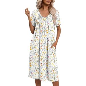 Ekouaer Nightgowns for Women with Pockets House Dress Pleated Night Gowns Short Sleeve Lounge Dress Floral Mumu Dress S-3XL(Multicolor)