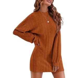 Ekouaer Women’s Nightgown Long Sleeve Ribbed Knit Nightshirt Round Neck Sleep Shirt Soft Sweater Dress S-XXL(Caramel)