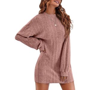 Ekouaer Women’s Nightgown Long Sleeve Ribbed Knit Nightshirt Round Neck Sleep Shirt Soft Sweater Dress S-XXL(Misty Rose)