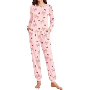 Ekouaer Womens Pajama Sets Cute Long Sleeve Pjs with Jogger Pants Soft Sleepwear Valentines Pajamas for Women Gifts XS-XXL(Apricot-bow Raspberry)