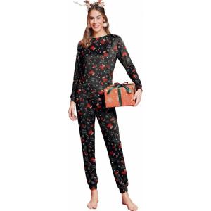 Ekouaer Womens Pajama Sets Cute Long Sleeve Pjs with Jogger Pants Soft Sleepwear Valentines Pajamas for Women Gifts XS-XXL(Black-christmas Print)