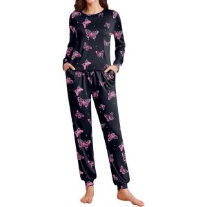 Ekouaer Womens Pajama Sets Cute Long Sleeve Pjs with Jogger Pants Soft Sleepwear Valentines Pajamas for Women Gifts XS-XXL(Black-pink Butterfly)
