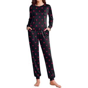 Ekouaer Womens Pajama Sets Cute Long Sleeve Pjs with Jogger Pants Soft Sleepwear Valentines Pajamas for Women Gifts XS-XXL(Black-red Heart)