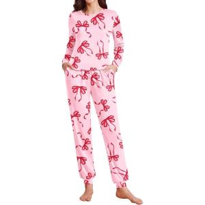 Ekouaer Womens Pajama Sets Cute Long Sleeve Pjs with Jogger Pants Soft Sleepwear Valentines Pajamas for Women Gifts XS-XXL(Pink-red Bow)