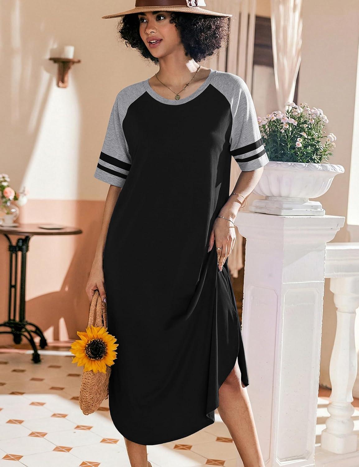 imageEkouaer Nightgowns for Women Cotton Long Night Gowns Plus Size Moo Moos Short Sleeve House Dress Soft Sleep Shirts S5XLBlack