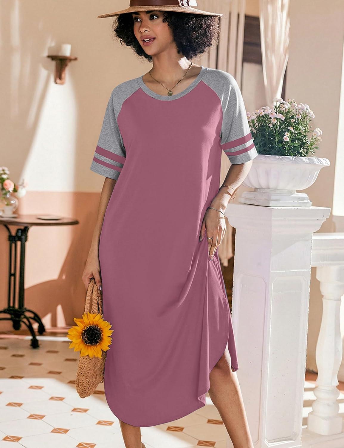 imageEkouaer Nightgowns for Women Cotton Long Night Gowns Plus Size Moo Moos Short Sleeve House Dress Soft Sleep Shirts S5XLGray Purple Red