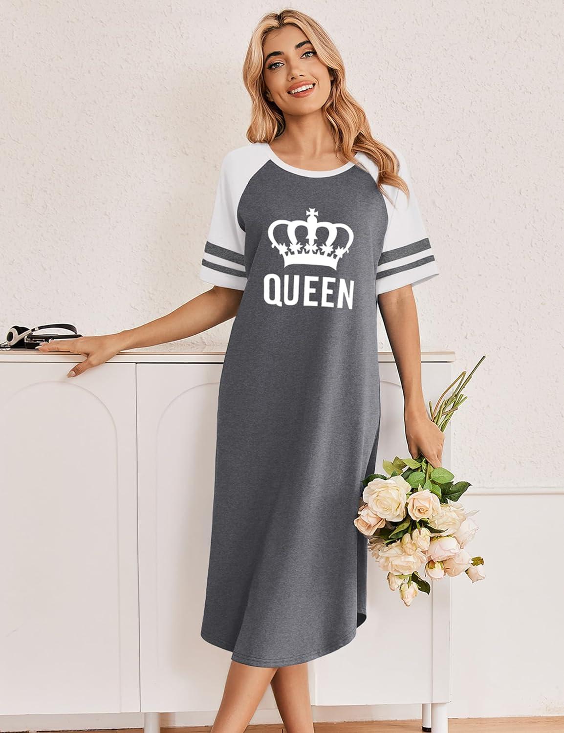 imageEkouaer Nightgowns for Women Cotton Long Night Gowns Plus Size Moo Moos Short Sleeve House Dress Soft Sleep Shirts S5XLGrey Queen