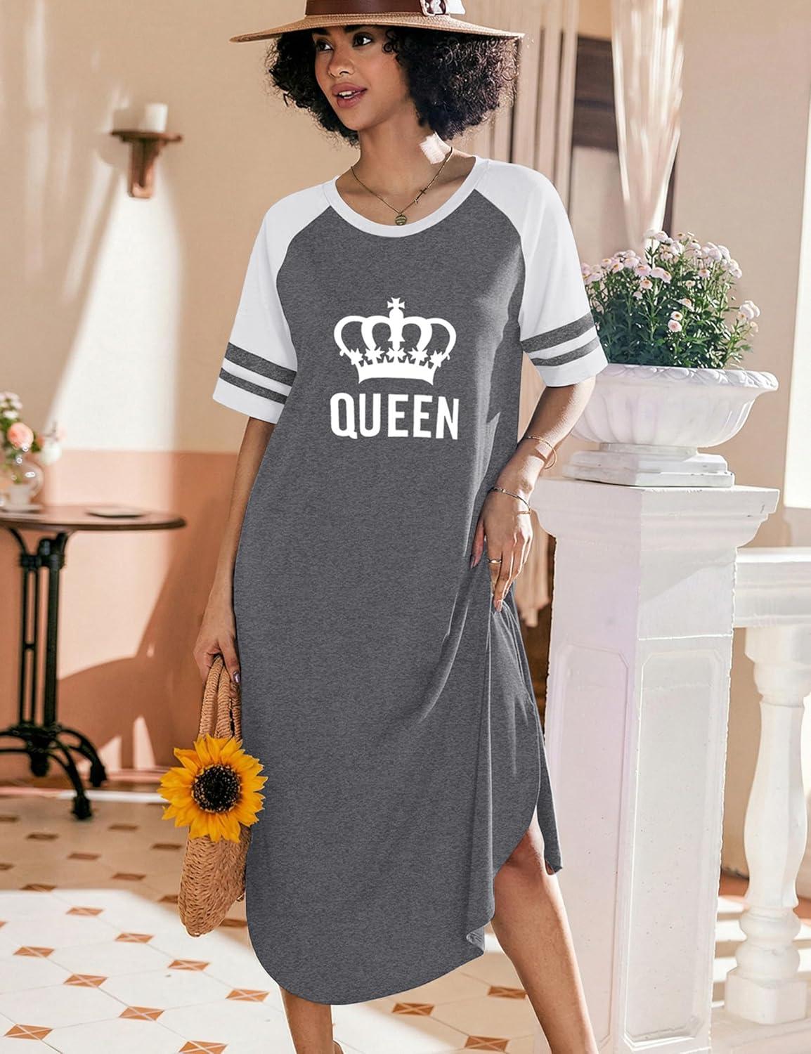 imageEkouaer Nightgowns for Women Cotton Long Night Gowns Plus Size Moo Moos Short Sleeve House Dress Soft Sleep Shirts S5XLGrey Queen