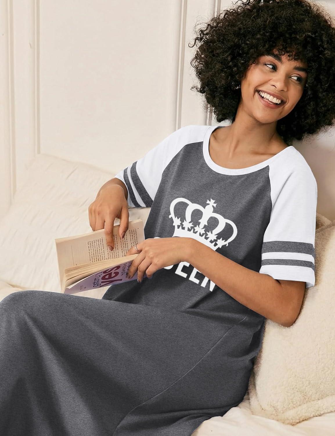 imageEkouaer Nightgowns for Women Cotton Long Night Gowns Plus Size Moo Moos Short Sleeve House Dress Soft Sleep Shirts S5XLGrey Queen