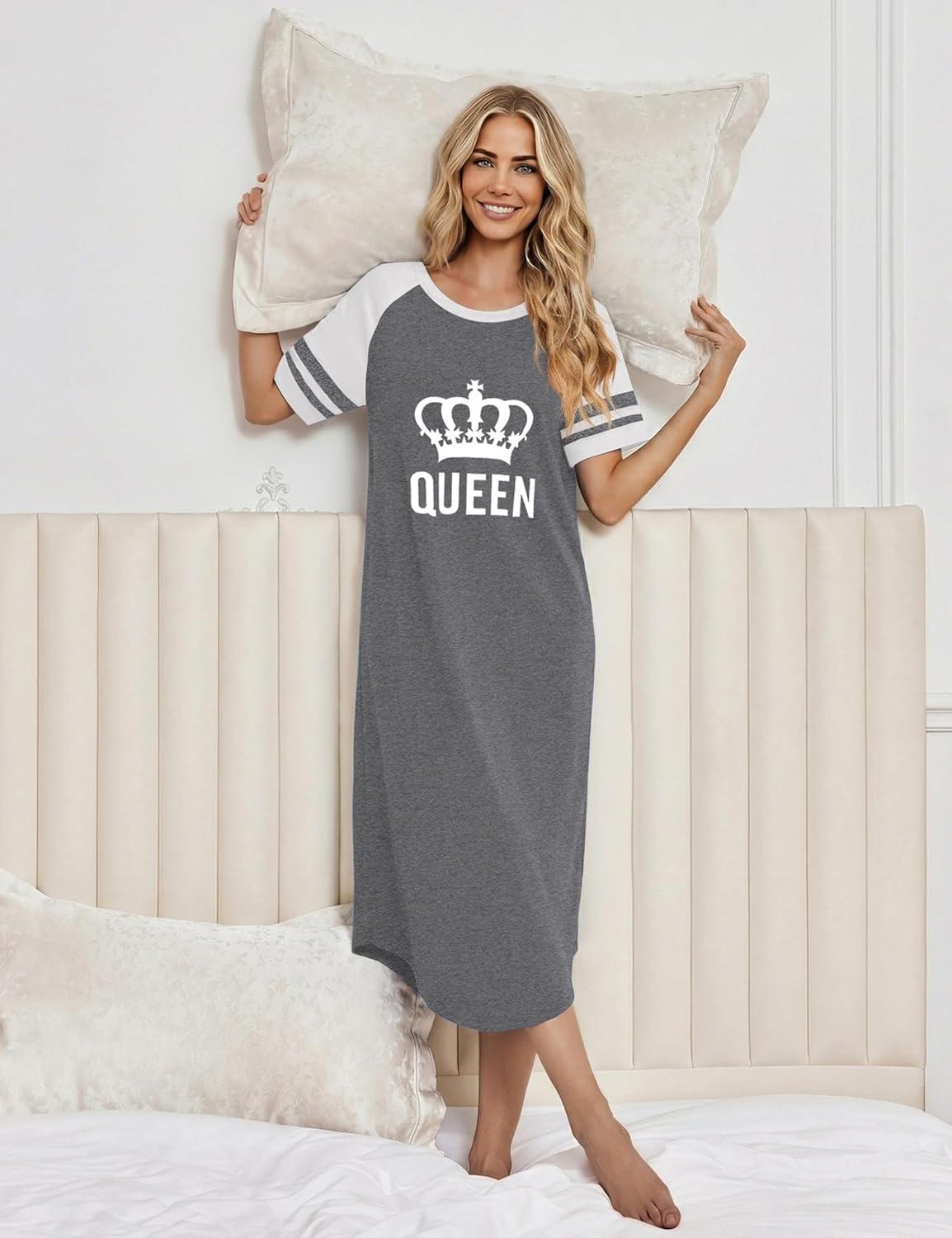 imageEkouaer Nightgowns for Women Cotton Long Night Gowns Plus Size Moo Moos Short Sleeve House Dress Soft Sleep Shirts S5XLGrey Queen