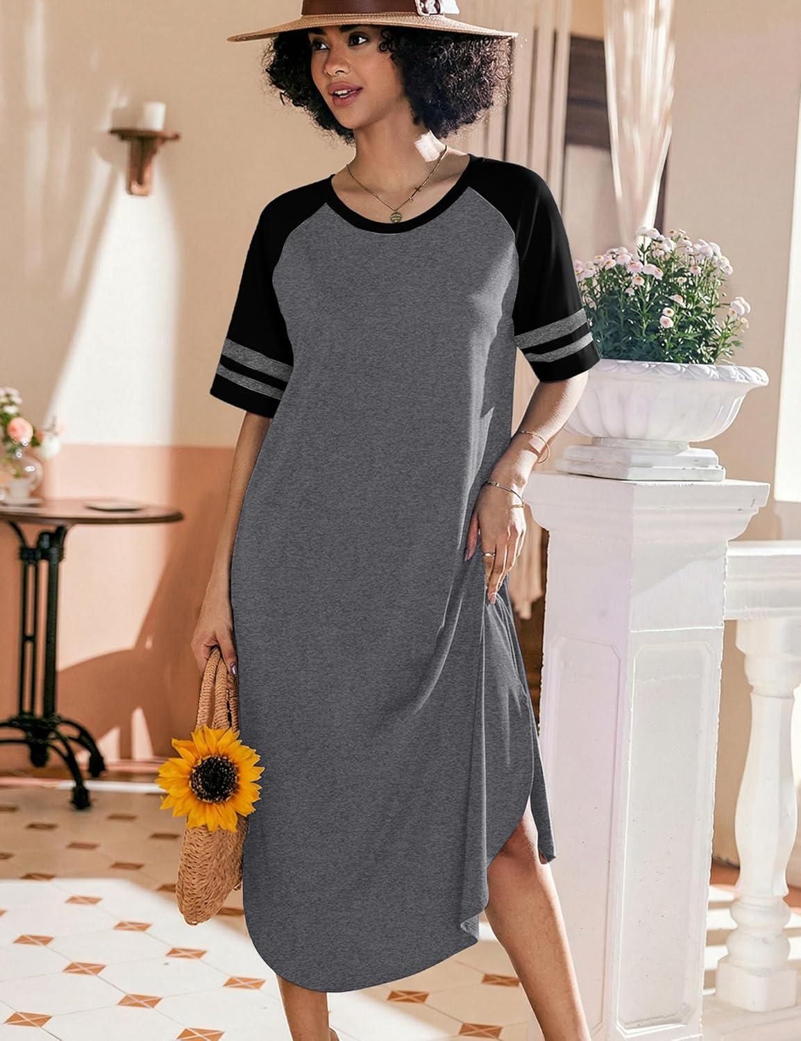 imageEkouaer Nightgowns for Women Cotton Long Night Gowns Plus Size Moo Moos Short Sleeve House Dress Soft Sleep Shirts S5XLMedium Grey
