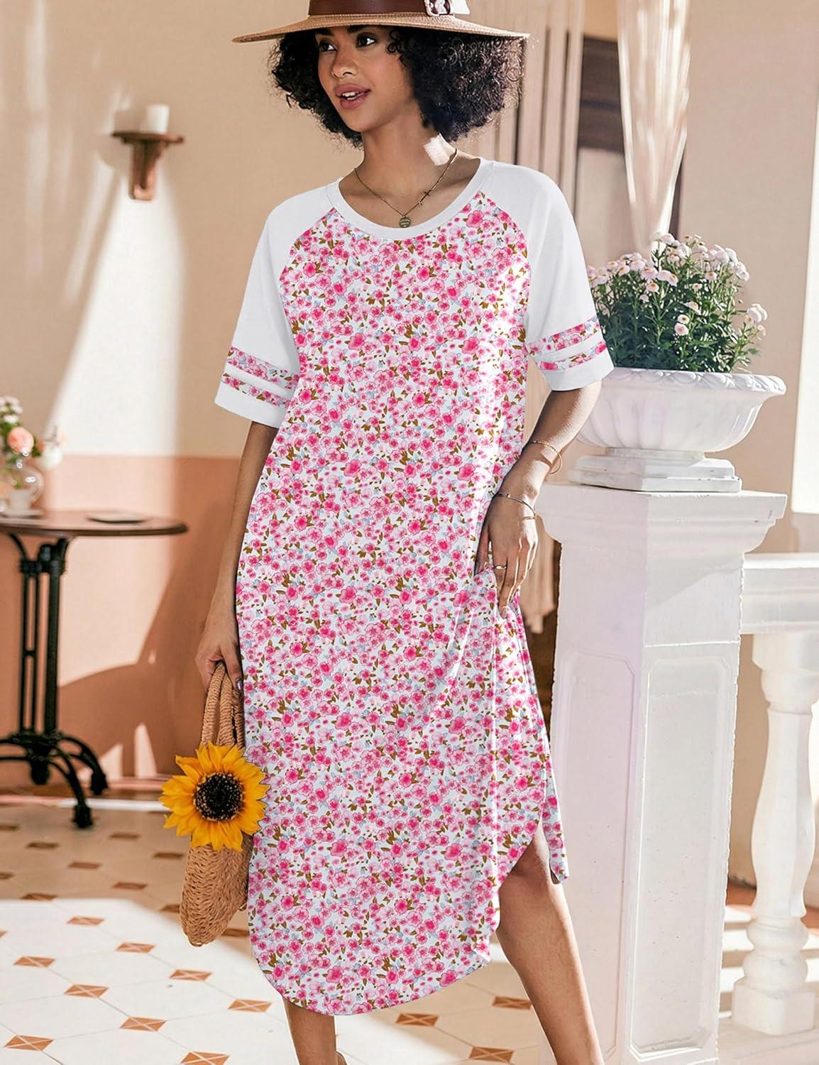 imageEkouaer Nightgowns for Women Cotton Long Night Gowns Plus Size Moo Moos Short Sleeve House Dress Soft Sleep Shirts S5XLPink Floral