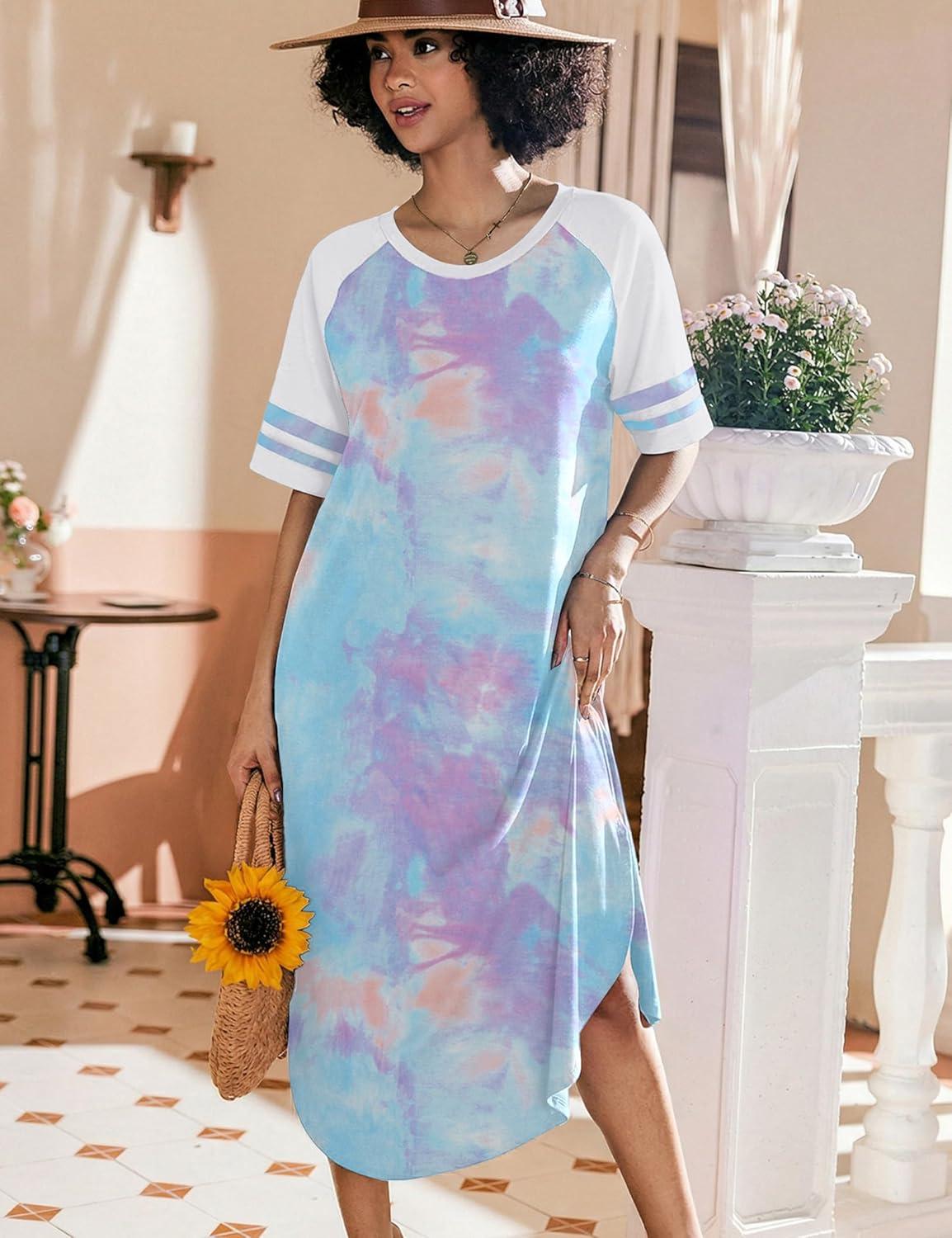 imageEkouaer Nightgowns for Women Cotton Long Night Gowns Plus Size Moo Moos Short Sleeve House Dress Soft Sleep Shirts S5XLPurple Tie Dye