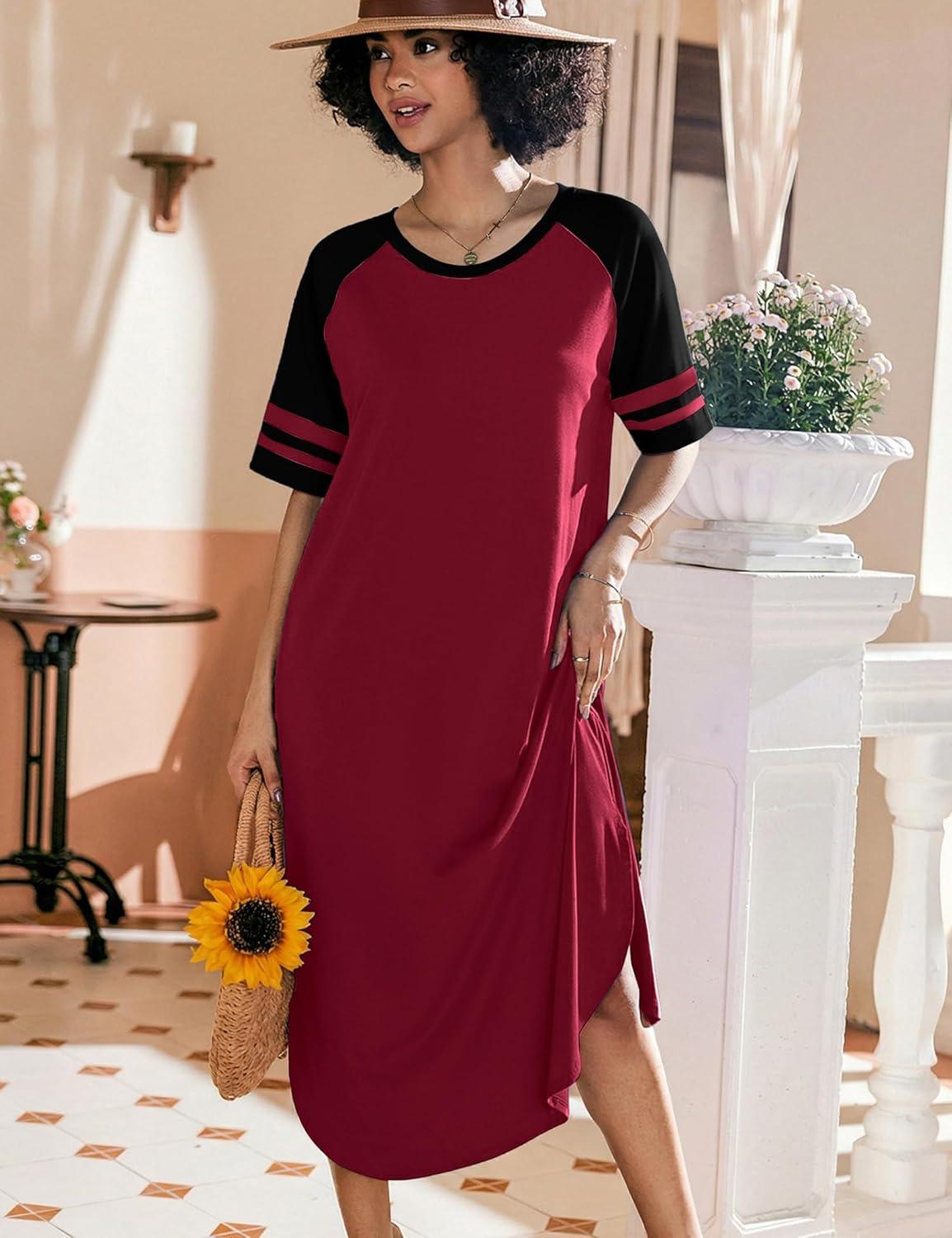 imageEkouaer Nightgowns for Women Cotton Long Night Gowns Plus Size Moo Moos Short Sleeve House Dress Soft Sleep Shirts S5XLWine Red
