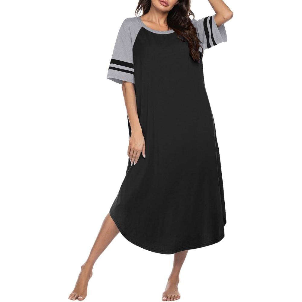 imageEkouaer Nightgowns for Women Cotton Long Night Gowns Plus Size Moo Moos Short Sleeve House Dress Soft Sleep Shirts S5XLBlack