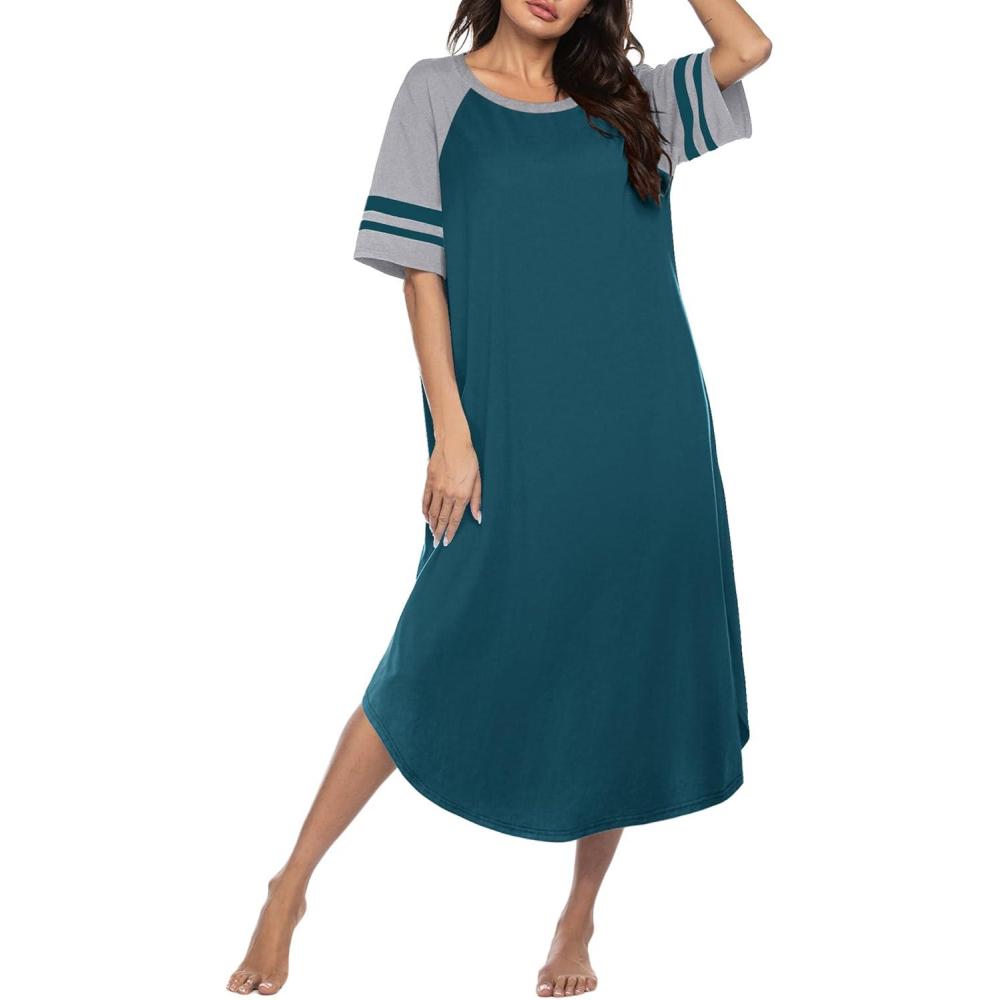 imageEkouaer Nightgowns for Women Cotton Long Night Gowns Plus Size Moo Moos Short Sleeve House Dress Soft Sleep Shirts S5XLBlue Green