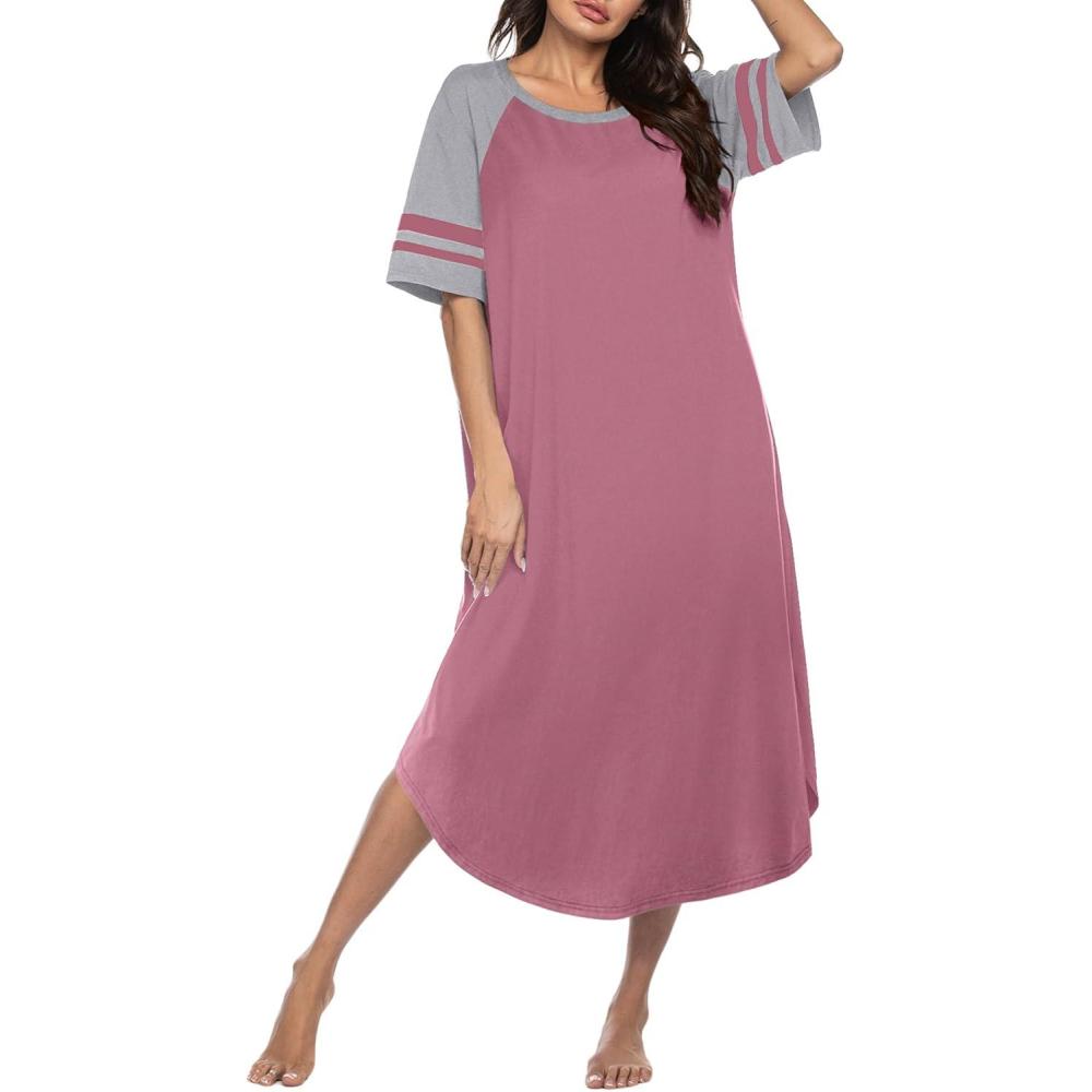 imageEkouaer Nightgowns for Women Cotton Long Night Gowns Plus Size Moo Moos Short Sleeve House Dress Soft Sleep Shirts S5XLGray Purple Red