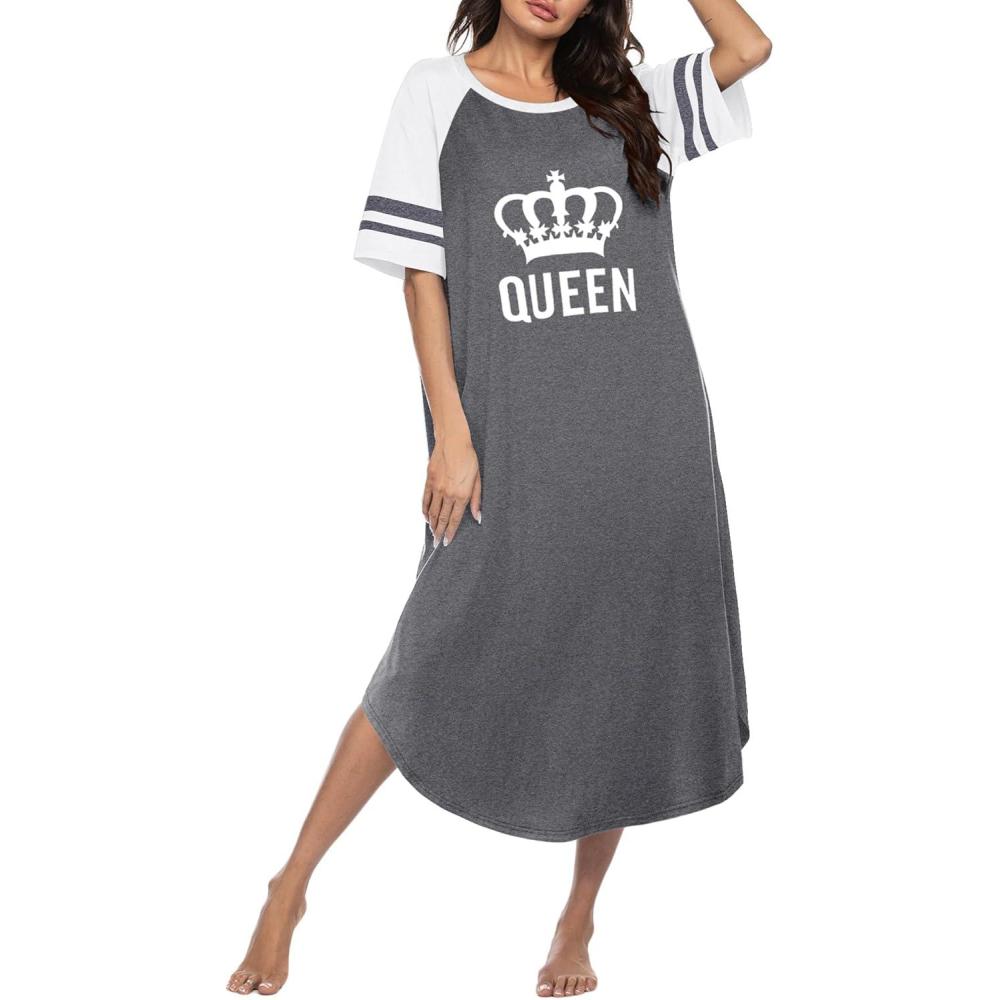 imageEkouaer Nightgowns for Women Cotton Long Night Gowns Plus Size Moo Moos Short Sleeve House Dress Soft Sleep Shirts S5XLGrey Queen