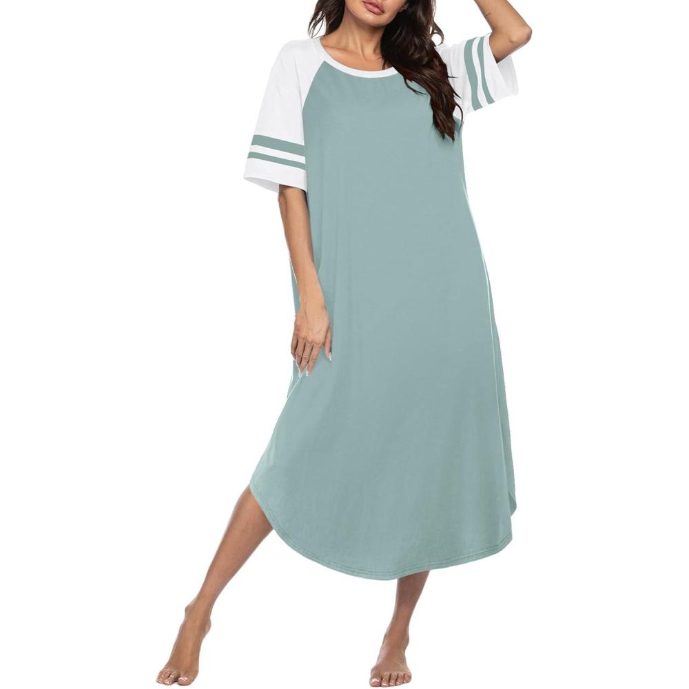 imageEkouaer Nightgowns for Women Cotton Long Night Gowns Plus Size Moo Moos Short Sleeve House Dress Soft Sleep Shirts S5XLLight Green