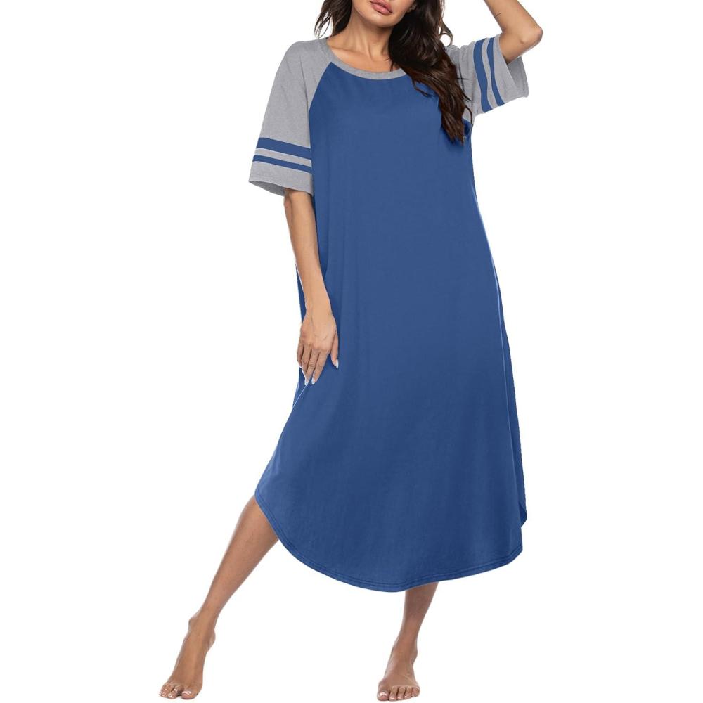 imageEkouaer Nightgowns for Women Cotton Long Night Gowns Plus Size Moo Moos Short Sleeve House Dress Soft Sleep Shirts S5XLNavy