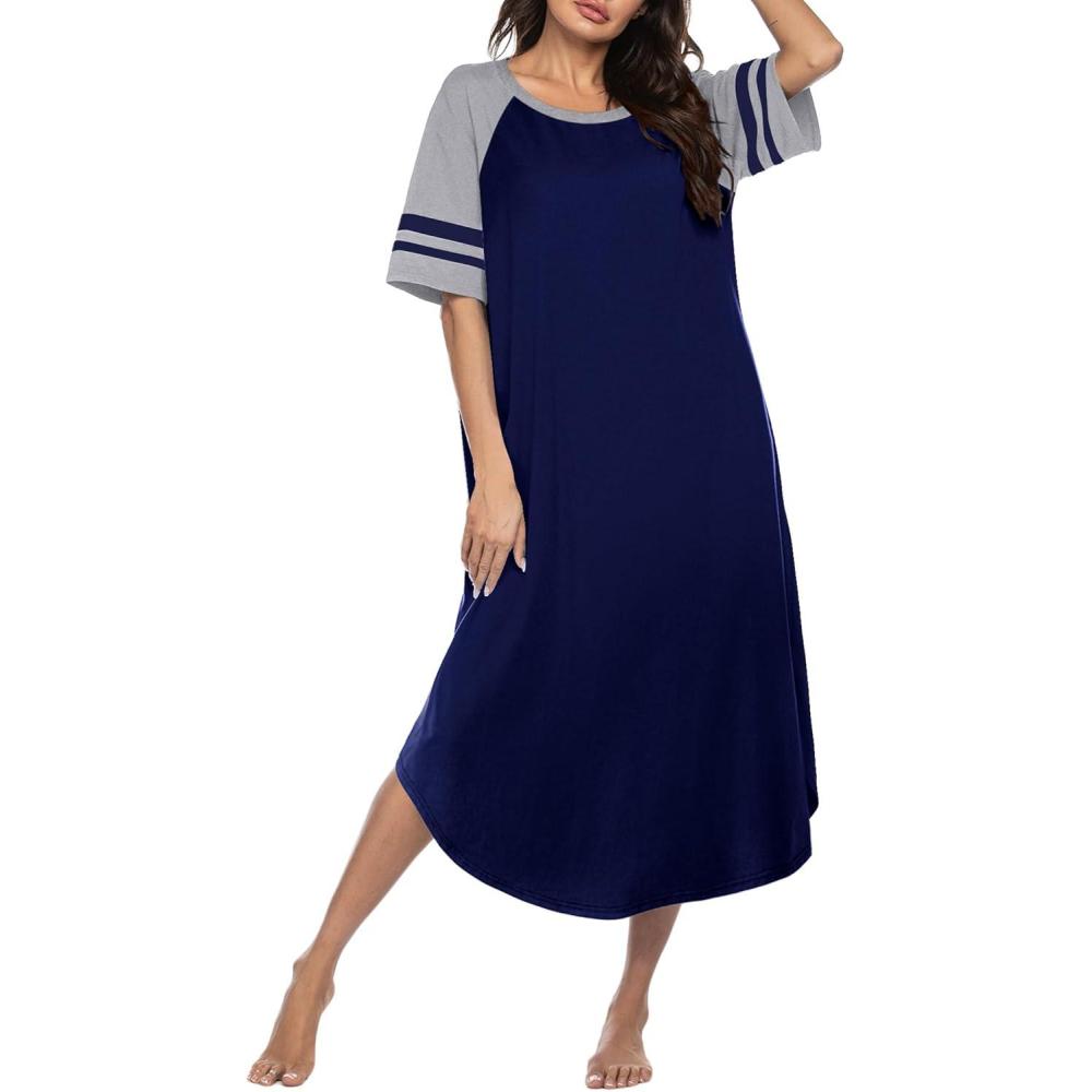 imageEkouaer Nightgowns for Women Cotton Long Night Gowns Plus Size Moo Moos Short Sleeve House Dress Soft Sleep Shirts S5XLNavy Blue