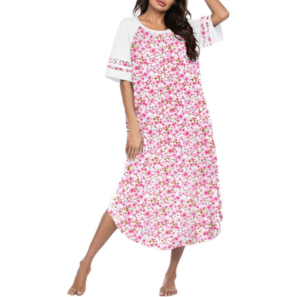 imageEkouaer Nightgowns for Women Cotton Long Night Gowns Plus Size Moo Moos Short Sleeve House Dress Soft Sleep Shirts S5XLPink Floral