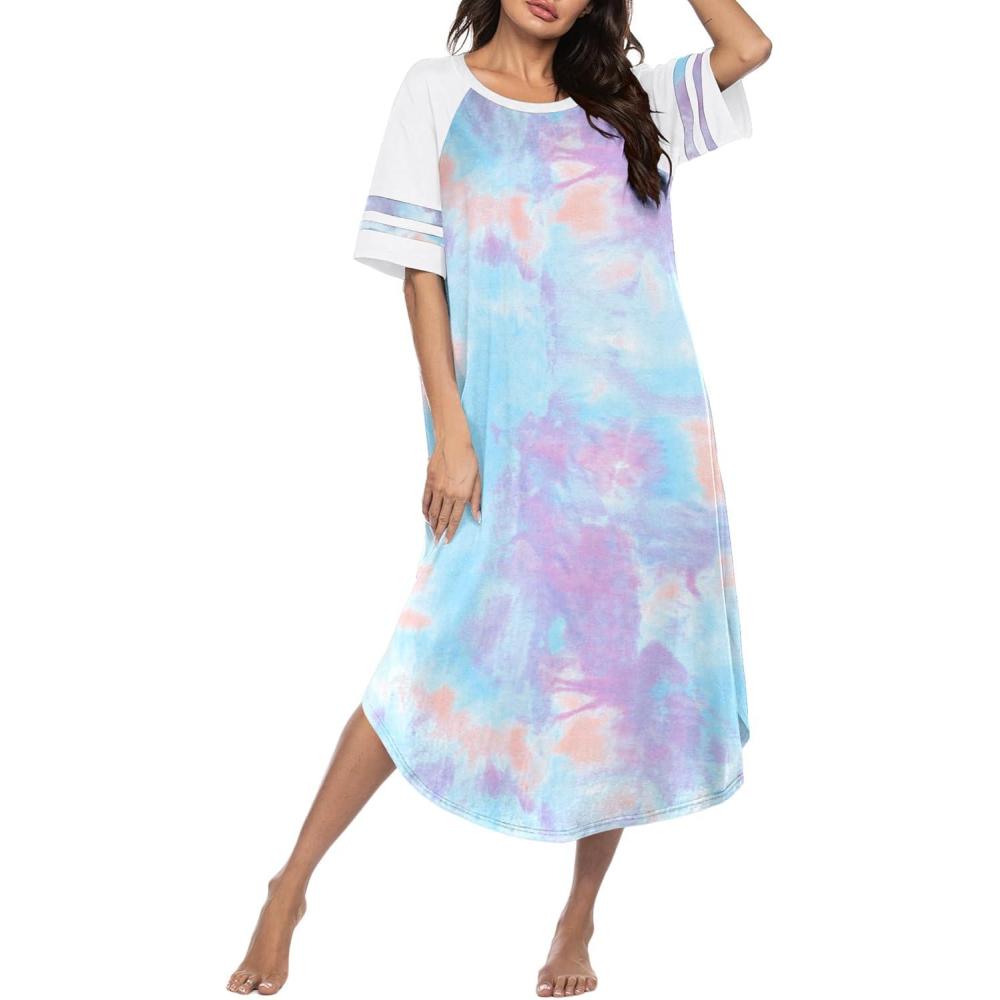 imageEkouaer Nightgowns for Women Cotton Long Night Gowns Plus Size Moo Moos Short Sleeve House Dress Soft Sleep Shirts S5XLPurple Tie Dye