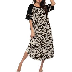 Ekouaer Nightgowns for Women Cotton Long Night Gowns Plus Size Moo Moos Short Sleeve House Dress Soft Sleep Shirts S-5XL(Brown Leopard Print)