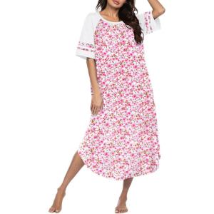 Ekouaer Nightgowns for Women Cotton Long Night Gowns Plus Size Moo Moos Short Sleeve House Dress Soft Sleep Shirts S-5XL(Pink Floral)