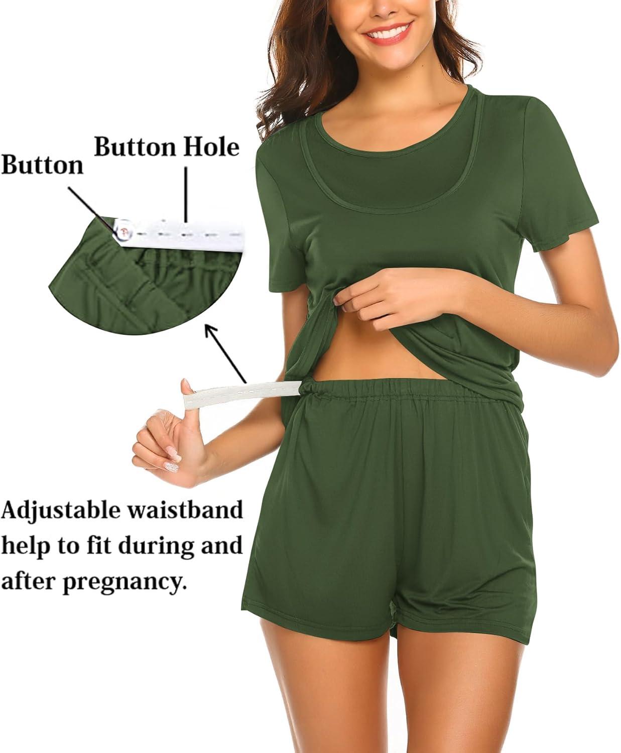 imageEkouaer Maternity Pajamas Nursing Pjs for Breastfeeding Shirt and Adjustable Maternity Short Postpartum SleepwearArmy Green