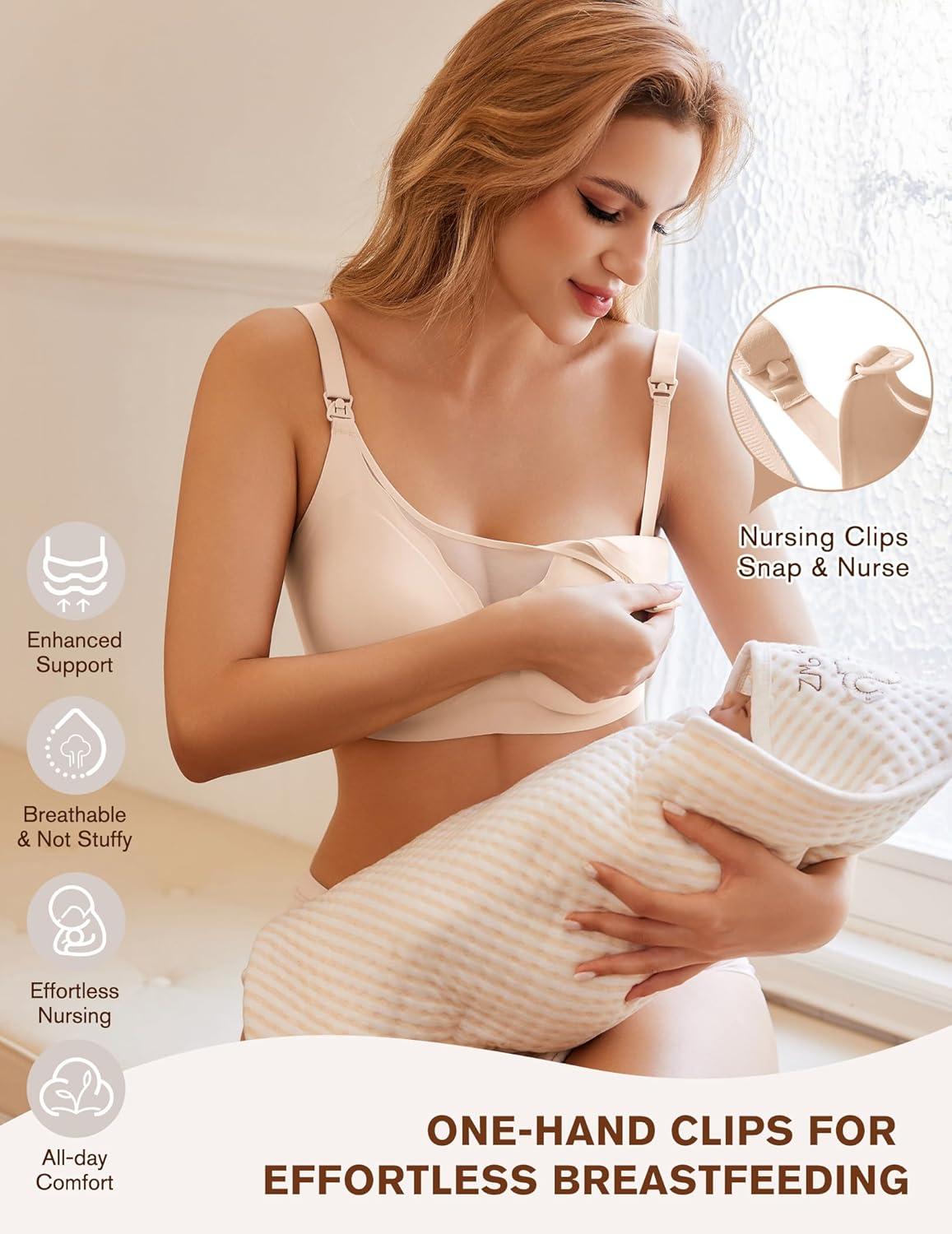 imageEkouaer Women Mesh Support Nursing Bra Seamless Ultra Soft Maternity Bras Pregnancy Sleep Bralette with Extra ExtendersBeige