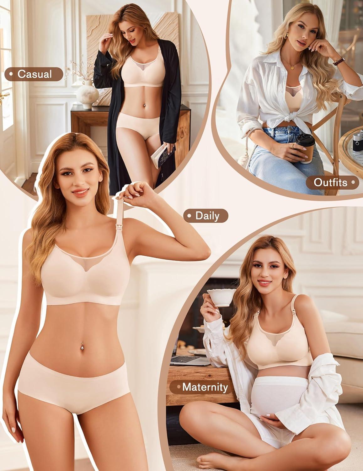 imageEkouaer Women Mesh Support Nursing Bra Seamless Ultra Soft Maternity Bras Pregnancy Sleep Bralette with Extra ExtendersBeige