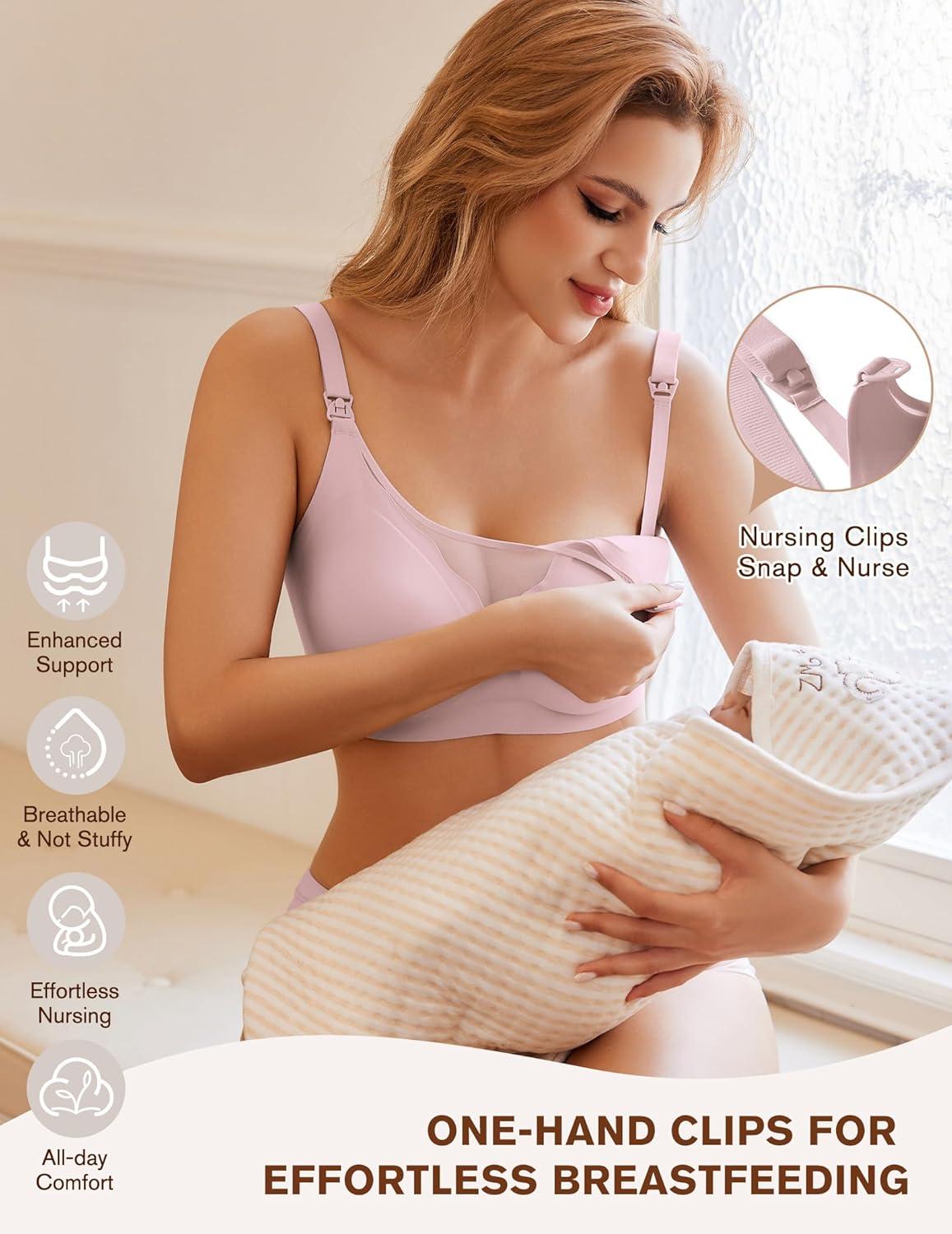 imageEkouaer Women Mesh Support Nursing Bra Seamless Ultra Soft Maternity Bras Pregnancy Sleep Bralette with Extra ExtendersDirty Pink