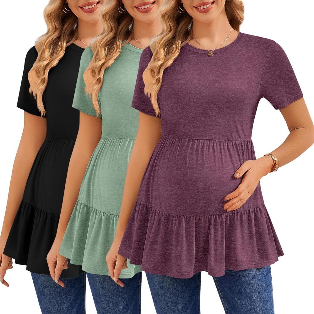 imageEkouaer 3 Pack Womens Maternity Shirts Short Sleeve Ruffle Pregnancy Clothes Blouse Peplum Babydoll Tops Casual Mama TeeBlackLight GreenWine Red