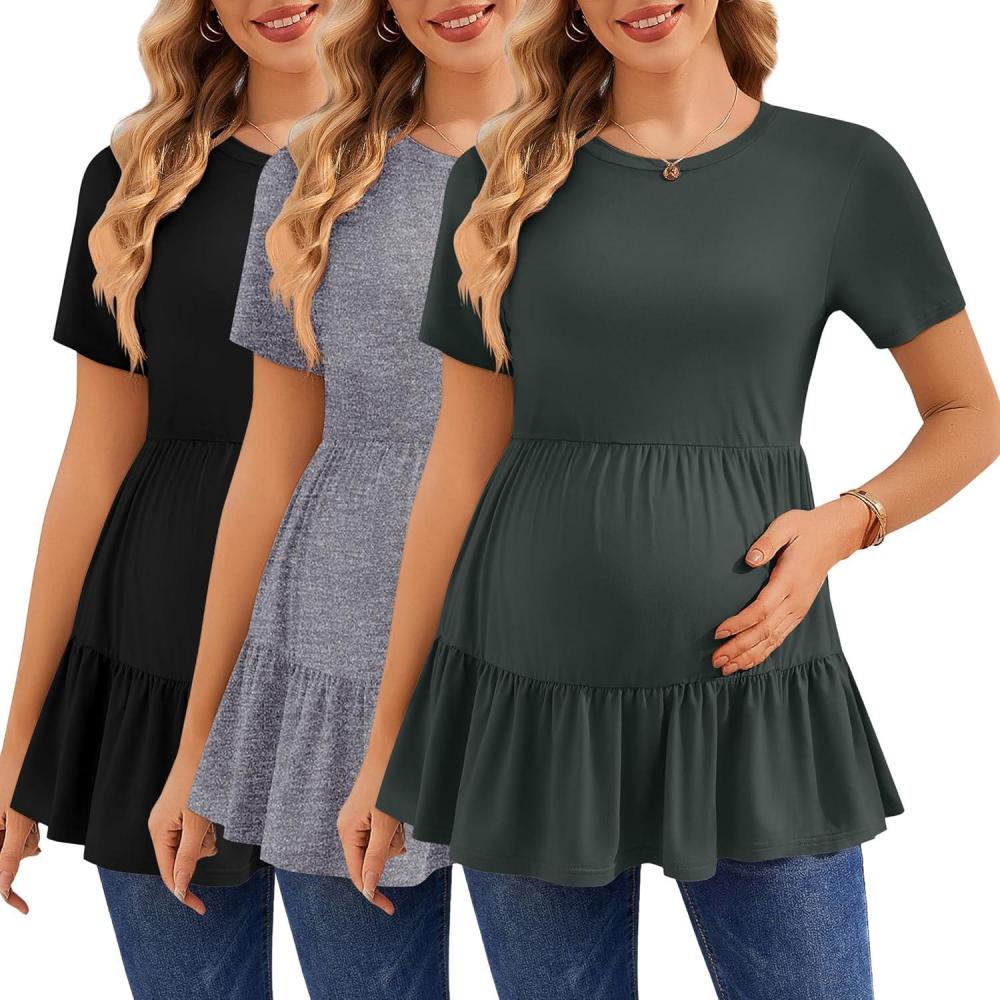 imageEkouaer 3 Pack Womens Maternity Shirts Short Sleeve Ruffle Pregnancy Clothes Blouse Peplum Babydoll Tops Casual Mama TeeBlackLight GreyArmy Green
