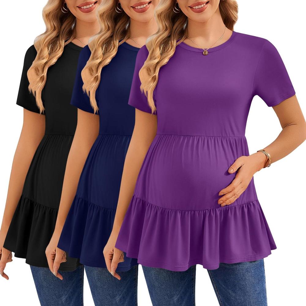 imageEkouaer 3 Pack Womens Maternity Shirts Short Sleeve Ruffle Pregnancy Clothes Blouse Peplum Babydoll Tops Casual Mama TeeBlackNavy BluePurple
