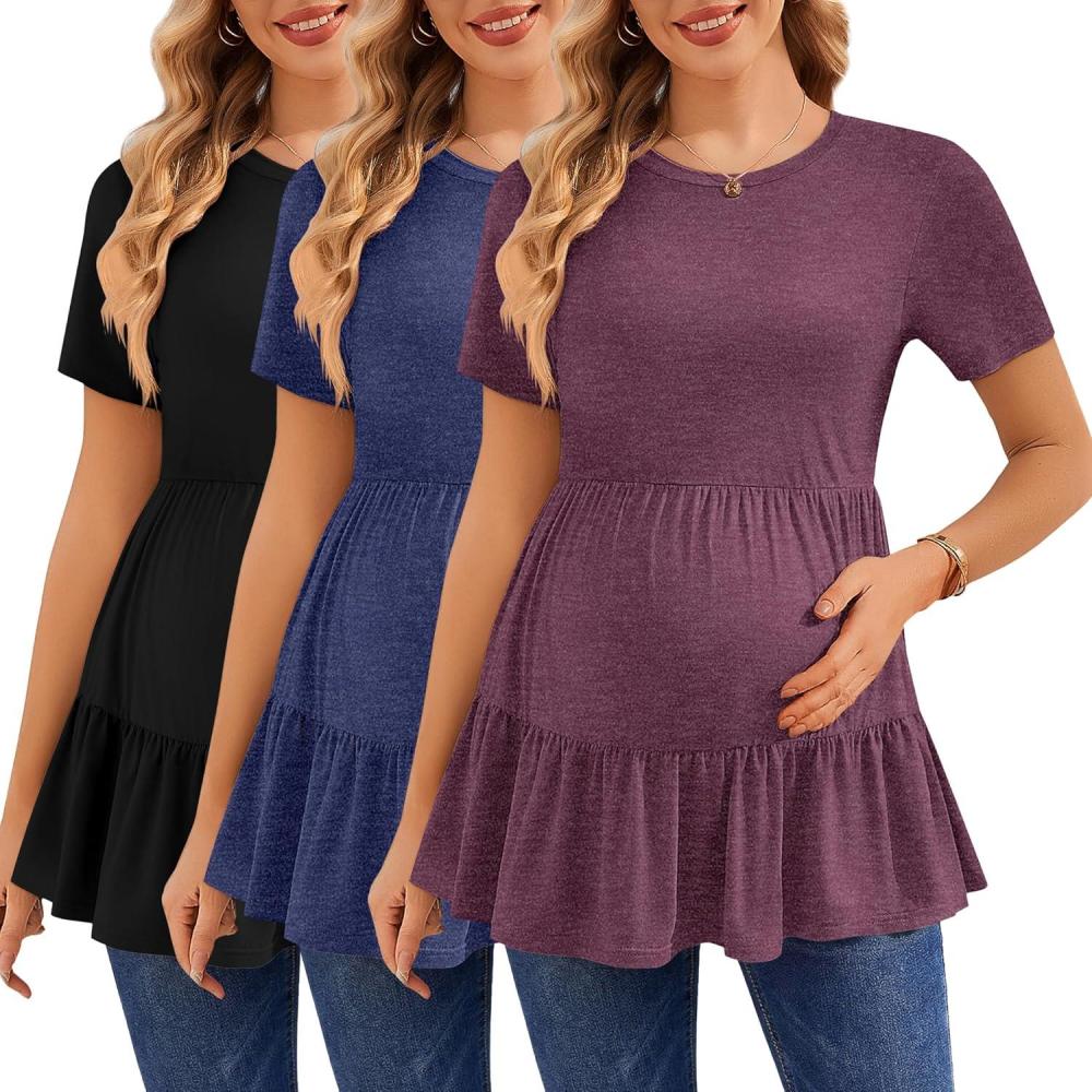 imageEkouaer 3 Pack Womens Maternity Shirts Short Sleeve Ruffle Pregnancy Clothes Blouse Peplum Babydoll Tops Casual Mama TeeBlackNavy BlueWine Red