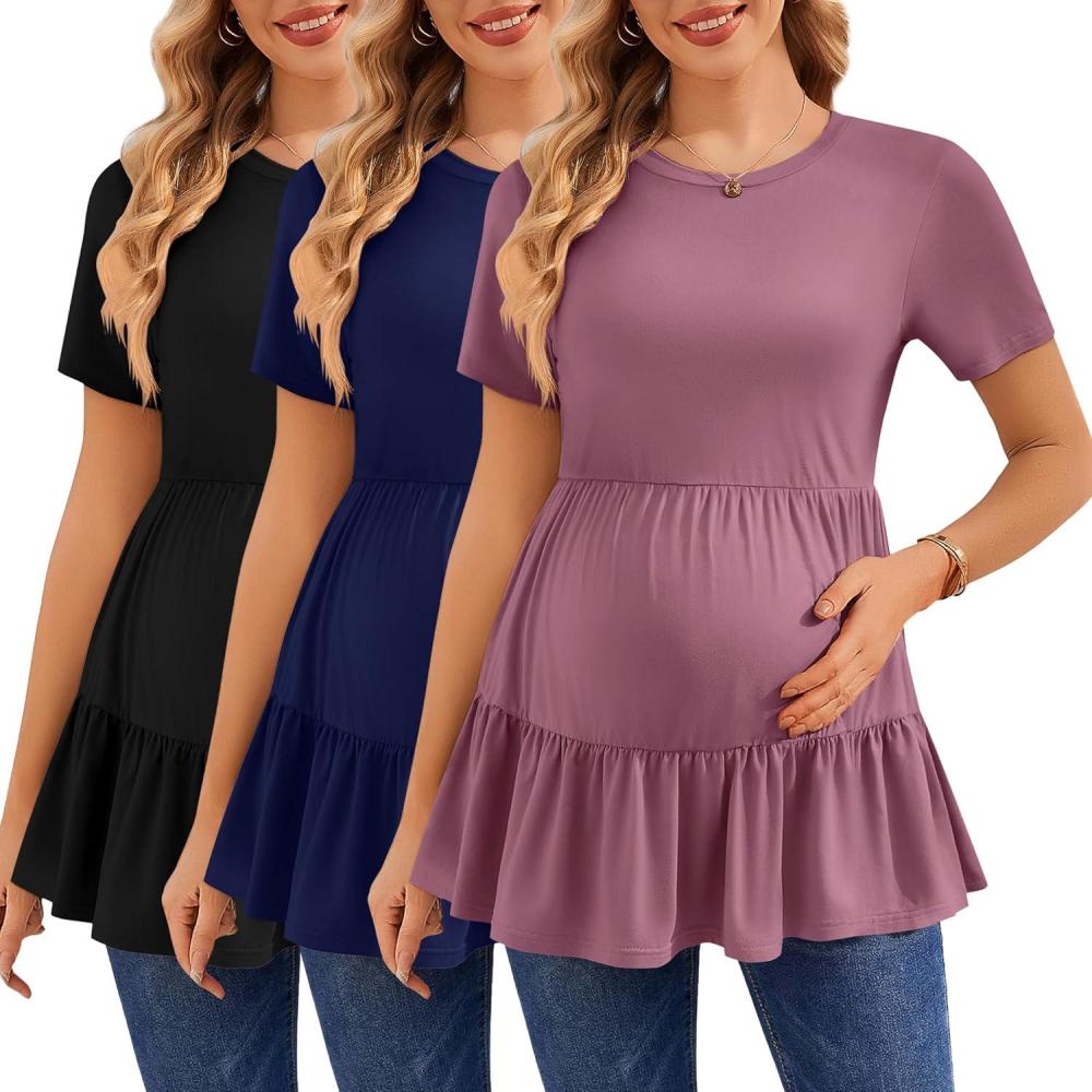 imageEkouaer 3 Pack Womens Maternity Shirts Short Sleeve Ruffle Pregnancy Clothes Blouse Peplum Babydoll Tops Casual Mama TeeBlackNavyDusty Rose