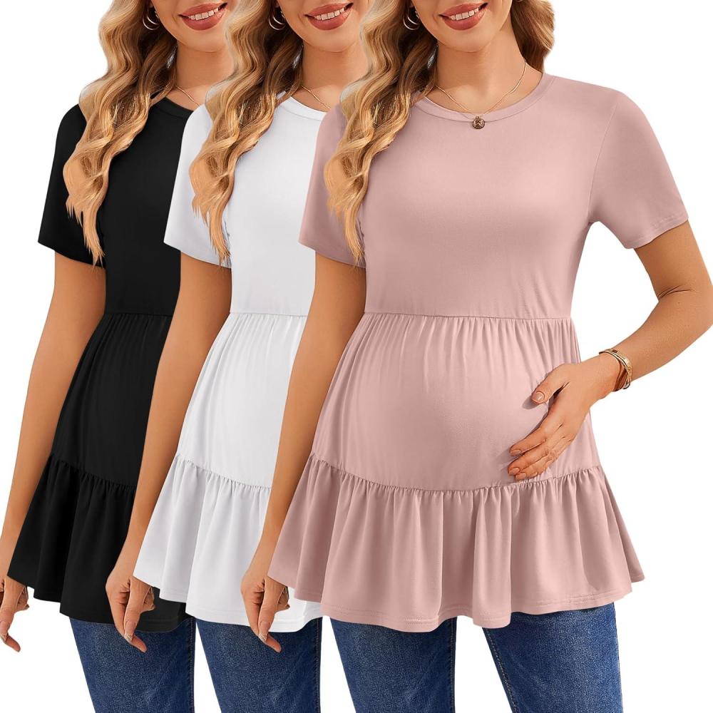 imageEkouaer 3 Pack Womens Maternity Shirts Short Sleeve Ruffle Pregnancy Clothes Blouse Peplum Babydoll Tops Casual Mama TeeBlackWhiteDirty Pink