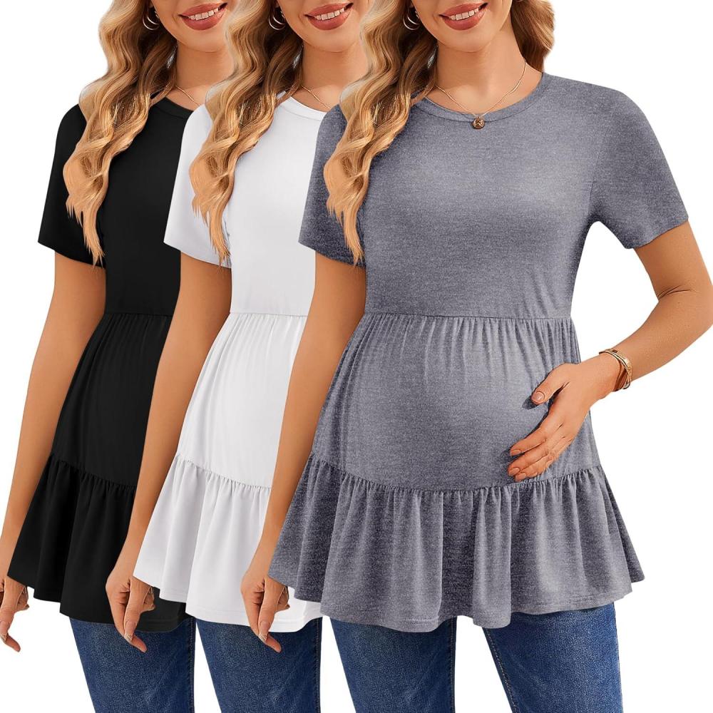 imageEkouaer 3 Pack Womens Maternity Shirts Short Sleeve Ruffle Pregnancy Clothes Blouse Peplum Babydoll Tops Casual Mama TeeBlackWhiteMedium Grey