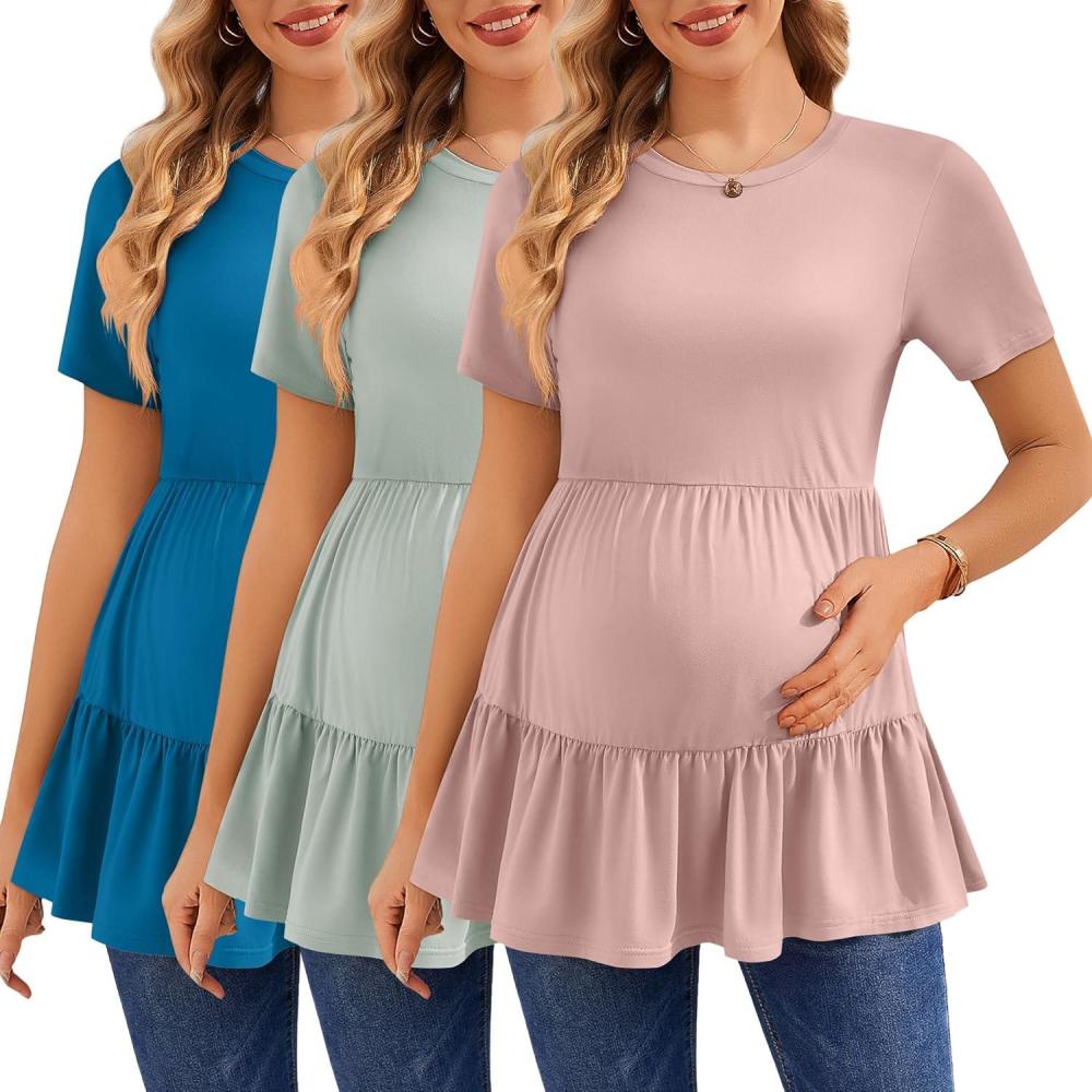imageEkouaer 3 Pack Womens Maternity Shirts Short Sleeve Ruffle Pregnancy Clothes Blouse Peplum Babydoll Tops Casual Mama TeeLight GreenBlue GreenDirty Pink