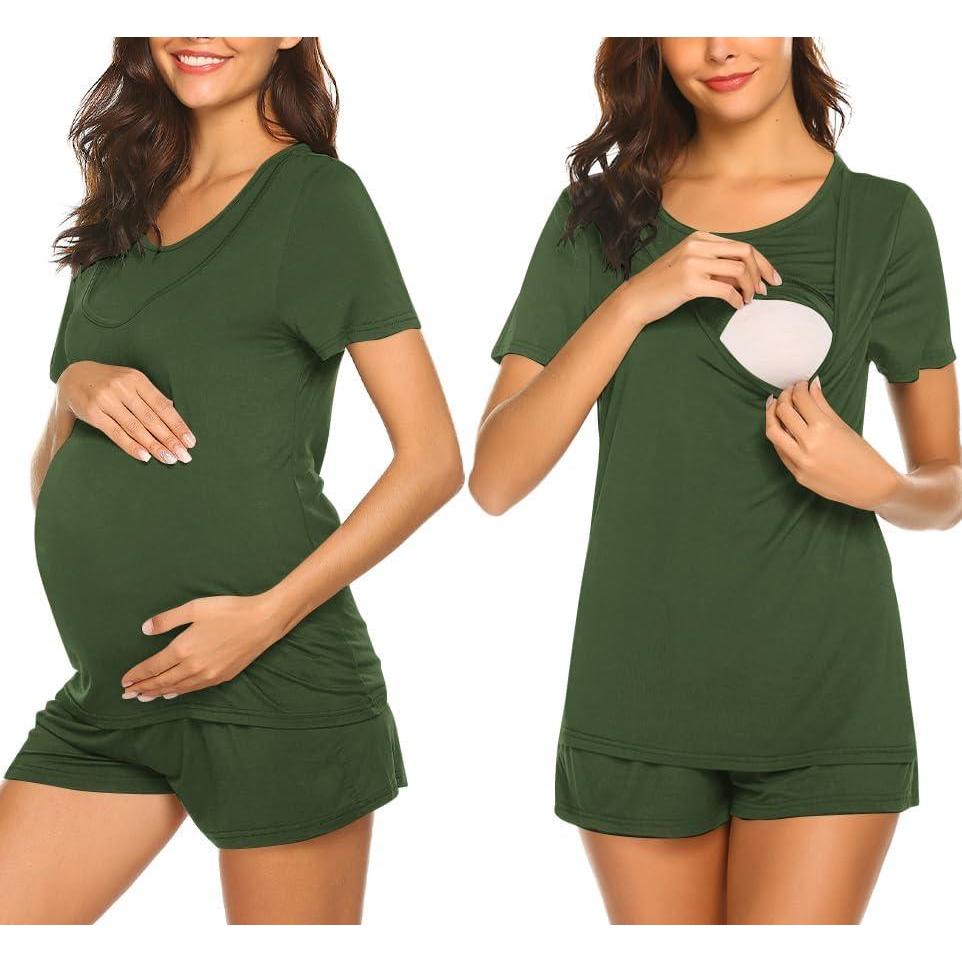 imageEkouaer Maternity Pajamas Nursing Pjs for Breastfeeding Shirt and Adjustable Maternity Short Postpartum SleepwearArmy Green