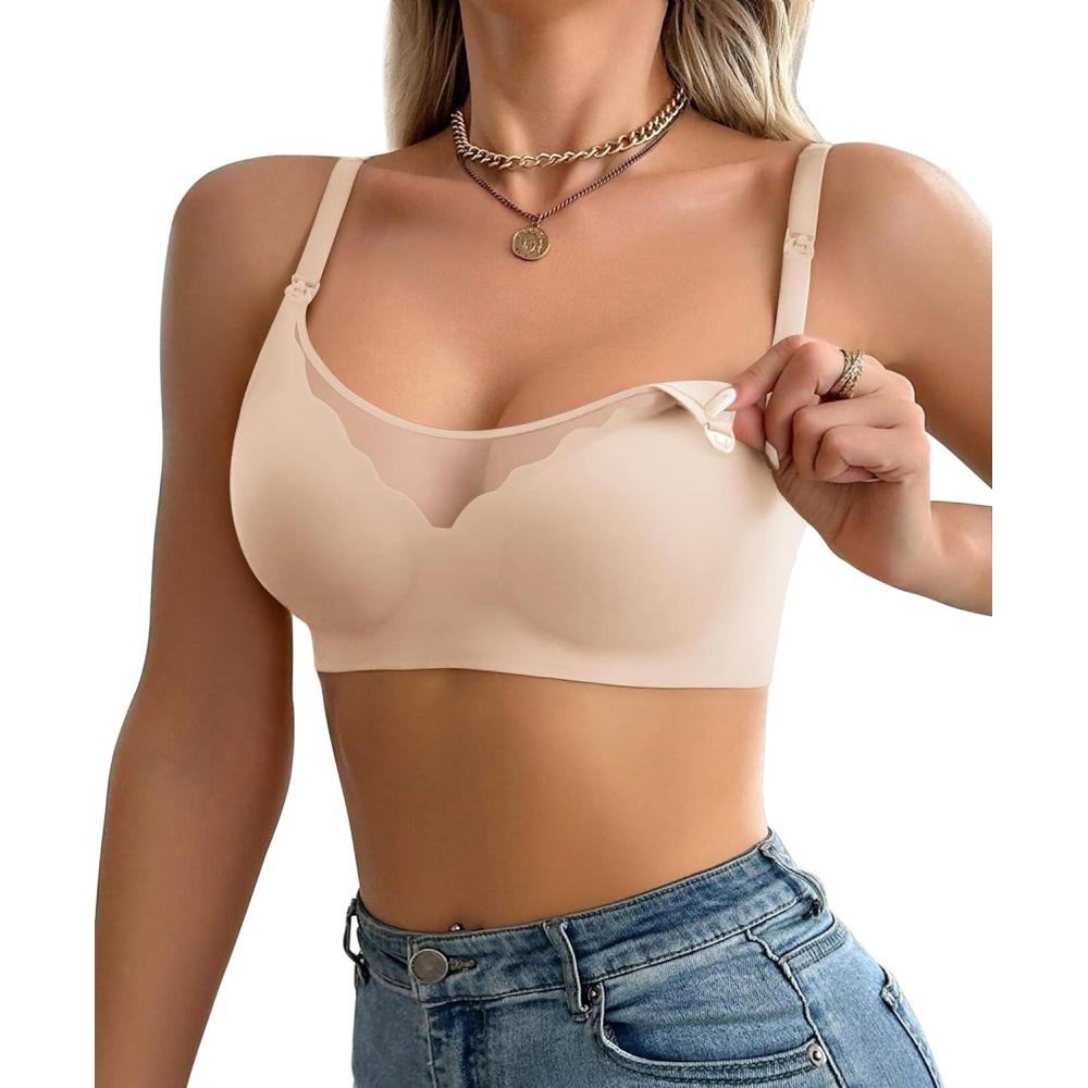 imageEkouaer Women Mesh Support Nursing Bra Seamless Ultra Soft Maternity Bras Pregnancy Sleep Bralette with Extra ExtendersBeige