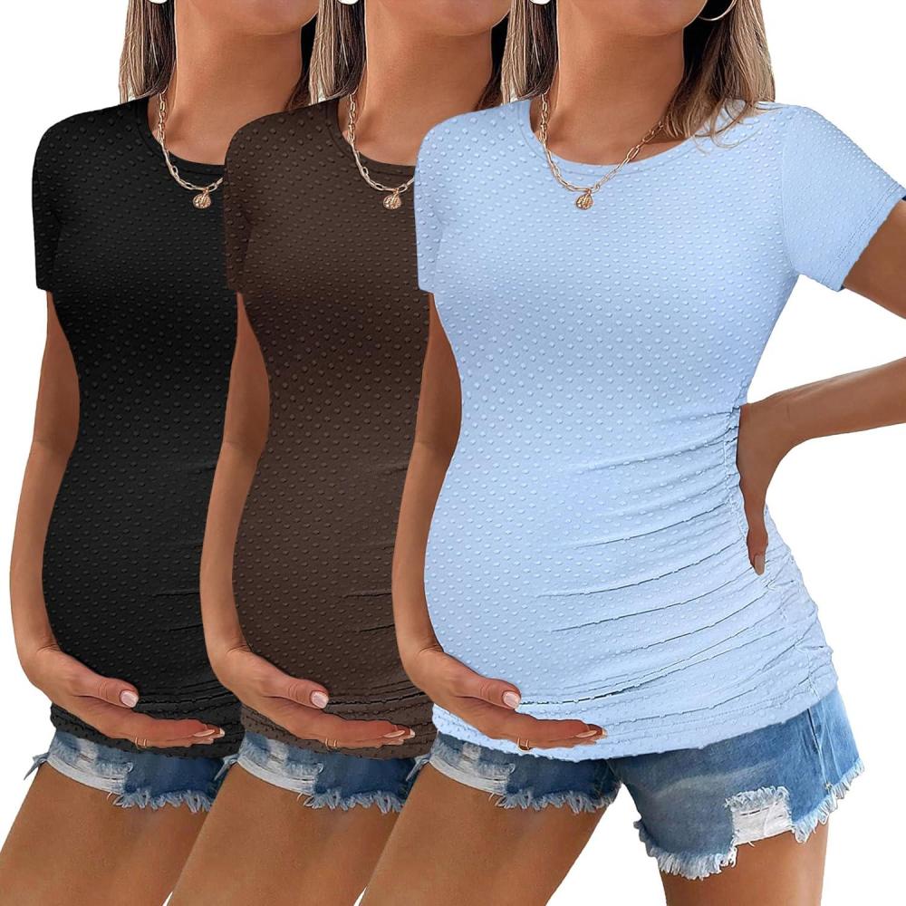 imageEkouaer Womens Maternity Shirts 3 Packs Round Neck Short Sleeve Side Ruched Swiss Dot T Shirt Tops SXXLBlackCoffeeLight Blue