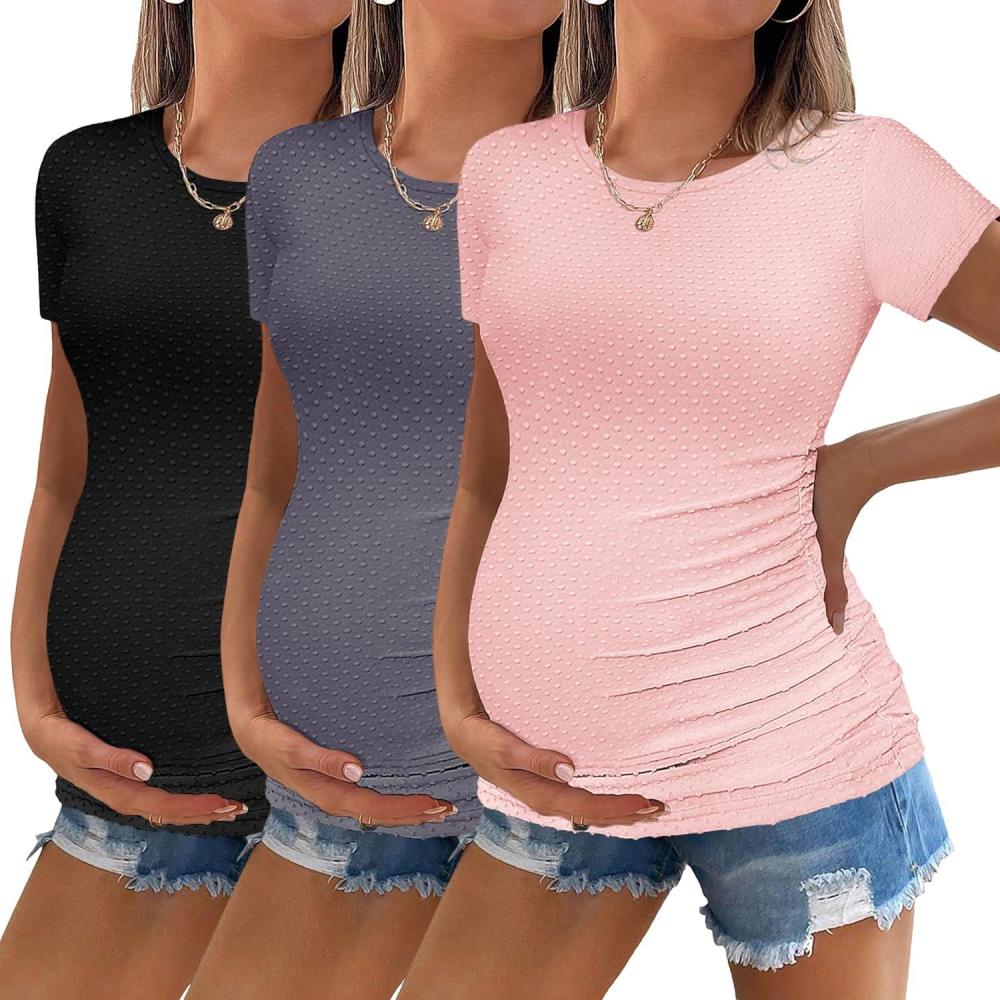 imageEkouaer Womens Maternity Shirts 3 Packs Round Neck Short Sleeve Side Ruched Swiss Dot T Shirt Tops SXXLBlackDark GreyDirty Pink