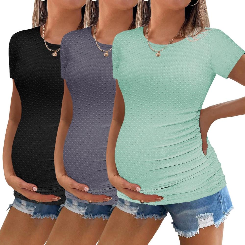 imageEkouaer Womens Maternity Shirts 3 Packs Round Neck Short Sleeve Side Ruched Swiss Dot T Shirt Tops SXXLBlackDark GreyIce Green