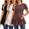 Ekouaer 3 Pack Women’s Maternity Shirts Short Sleeve Ruffle Pregnancy Clothes Blouse Peplum Babydoll Tops Casual Mama Tee(Black/Brown/White)