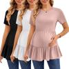Ekouaer 3 Pack Women’s Maternity Shirts Short Sleeve Ruffle Pregnancy Clothes Blouse Peplum Babydoll Tops Casual Mama Tee(Black/White/Dirty Pink)